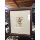 A FRAMED PRINT OF A MAN ON A DONKEY CARRYING GOLF CLUBS, SIGNED RILEY '90