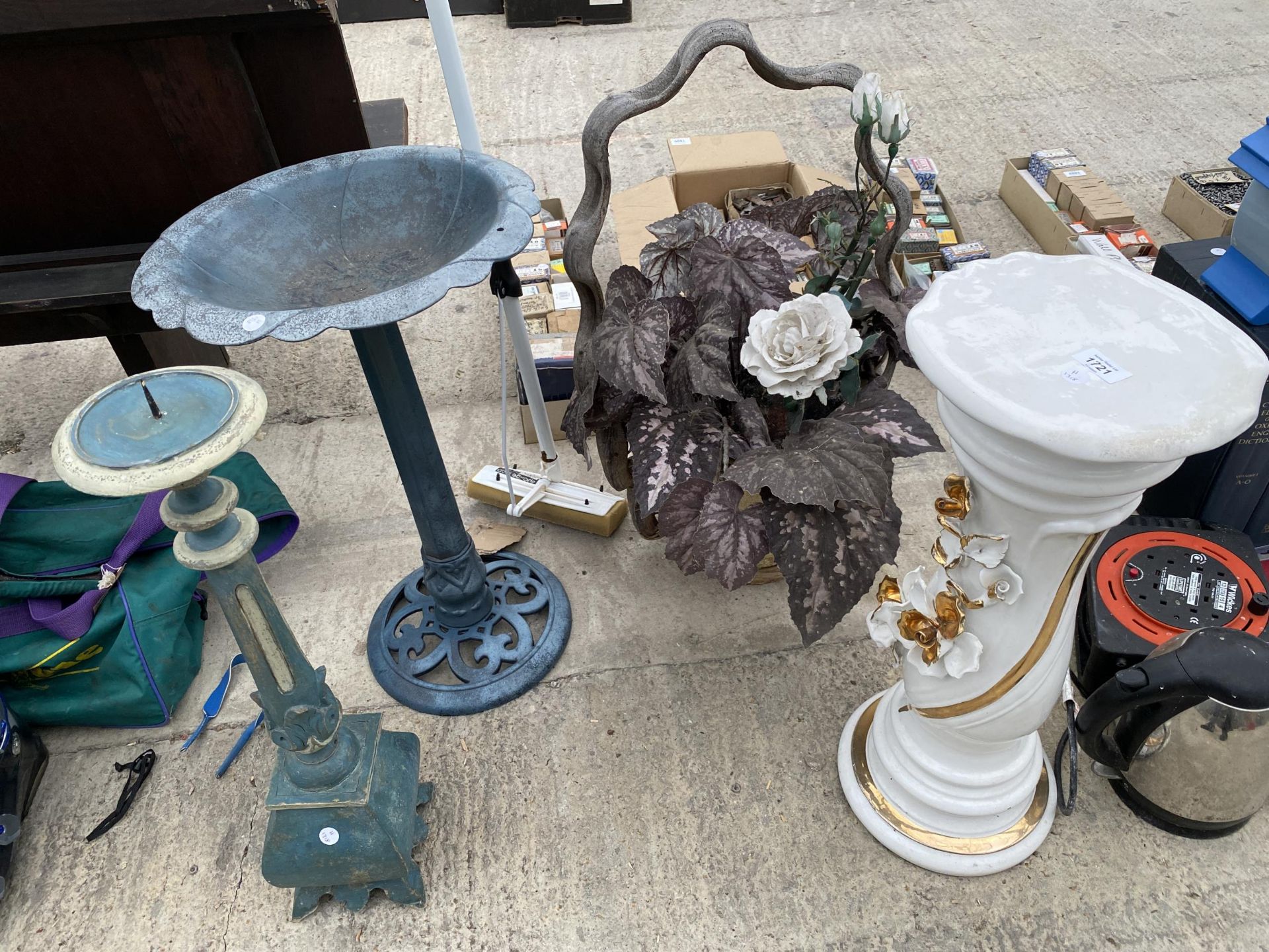 AN ASSORTMENT OF ITEMS TO INCLUDE A CERAMIC JARDINAIRE STAND, A PLASTIC BIRDBATH AND A CANDLESTICK - Image 2 of 2