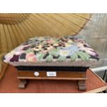 A VINTAGE OAK STOOL WITH TAPESTRY CUSHION