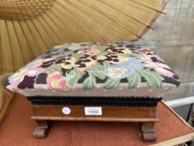 A VINTAGE OAK STOOL WITH TAPESTRY CUSHION