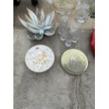 AN ASSORTMENT OF ITEMS TO INCLUDE A CERAMIC BOWL, CUT GLASS DECANTOR nd tumblers etc
