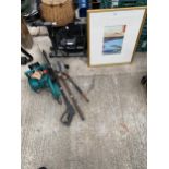 AN ASSORTMENT OF ITEMS TO INCLUDE PIPE BENDER, ELECTRIC CHAINSAWAND A BIKE STAND ETC