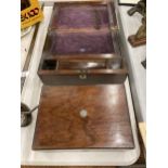 A ROSEWOOD WRITING SLOPE PLUS A JEWELLERY BOX - BOTH IN NEED OF RESTORATION