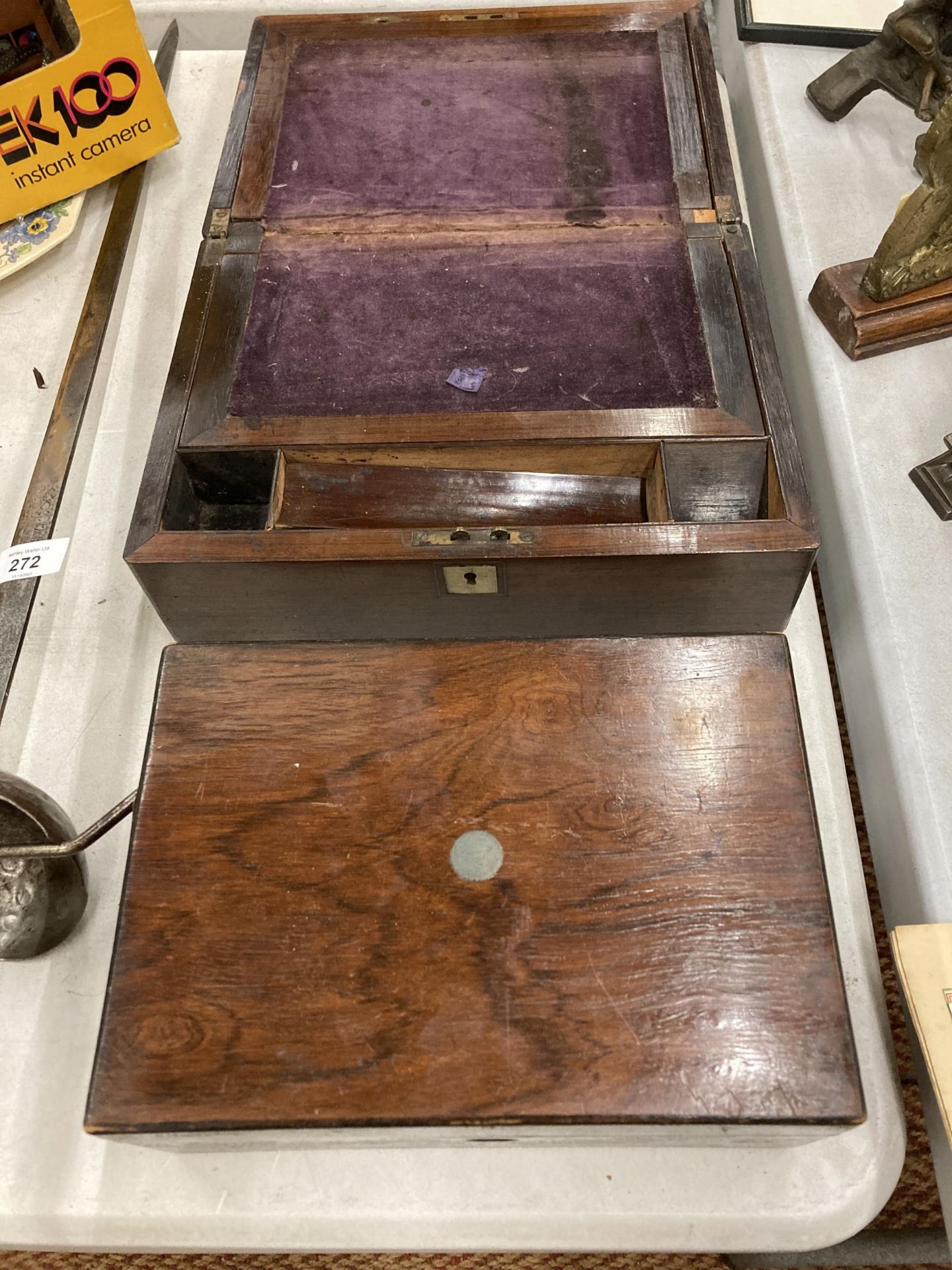 A ROSEWOOD WRITING SLOPE PLUS A JEWELLERY BOX - BOTH IN NEED OF RESTORATION