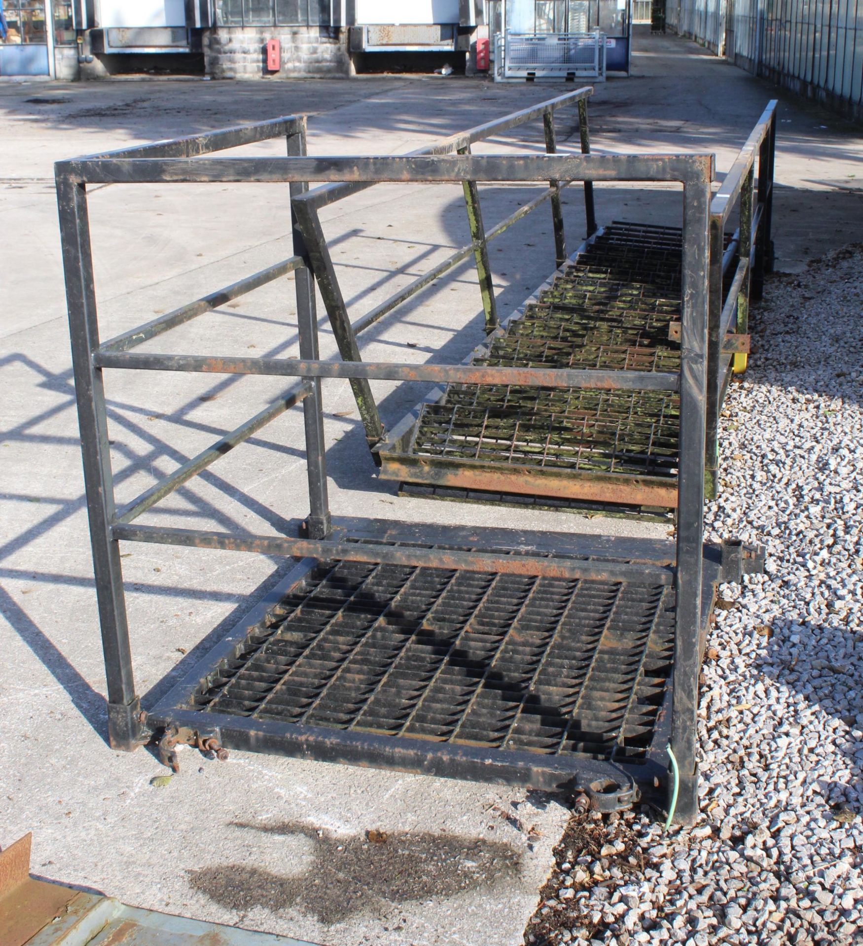 A VERY GOOD SET OF STEEL STAIRS WITH HANDRAILS, LANDING AND LEGS NO VAT