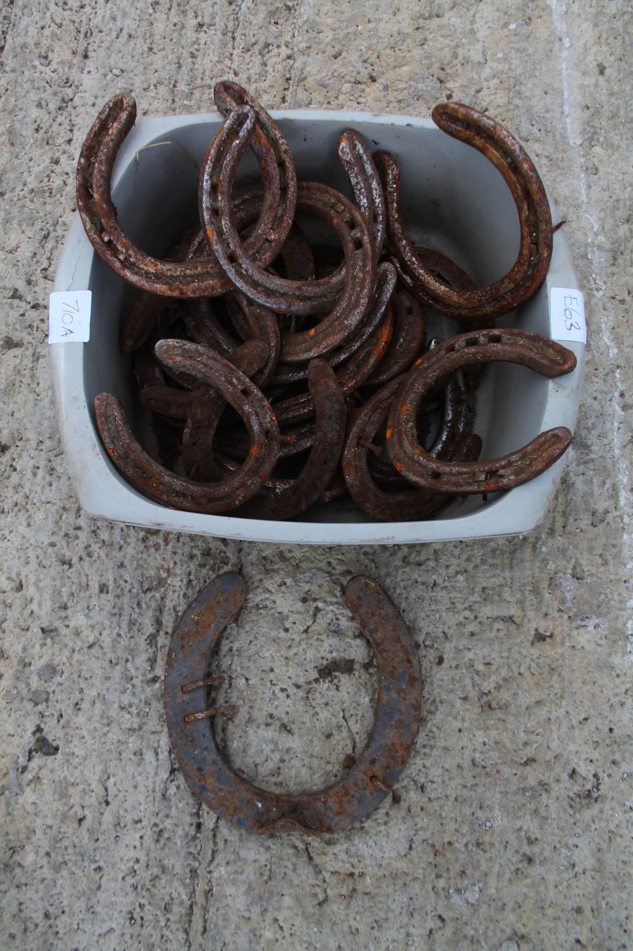 A BOX OF HORSE SHOES INCLUDING SHIRE HORSE SHOE - THIS TO BE COLLECTED FROM THE CHECKING OUT DOOR NO