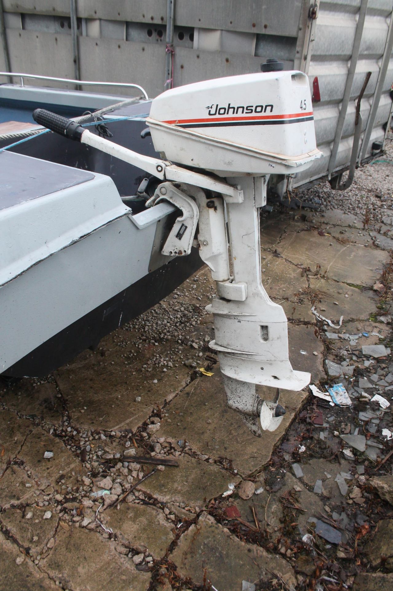 A 13 FOOT DORY CATHEDRAL FOAM FILLED HULL BOAT WITH JOHNSON SEA HORSE 4.5 OUTBOARD ENGINE, WHALE - Image 3 of 6