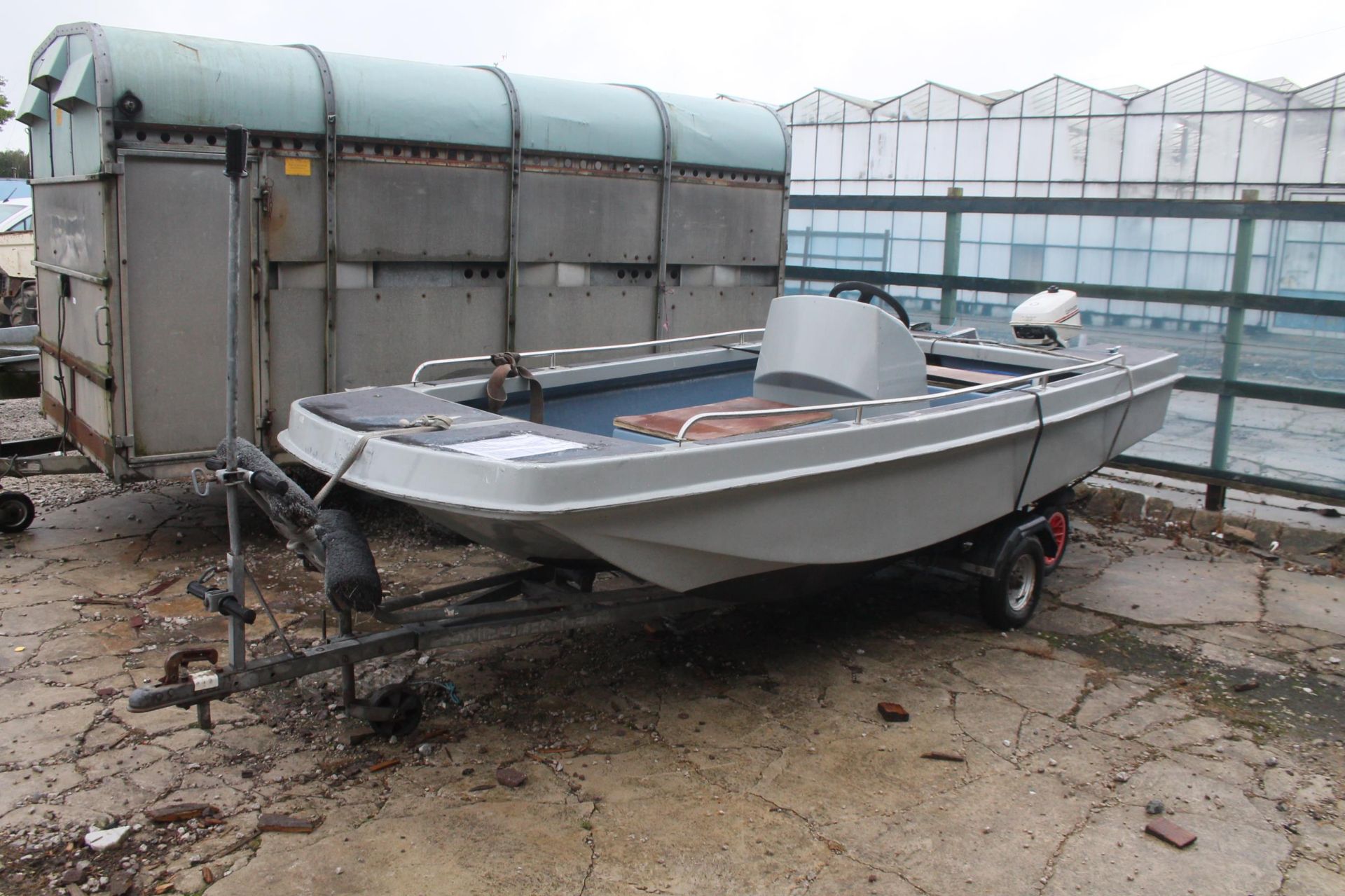 A 13 FOOT DORY CATHEDRAL FOAM FILLED HULL BOAT WITH JOHNSON SEA HORSE 4.5 OUTBOARD ENGINE, WHALE