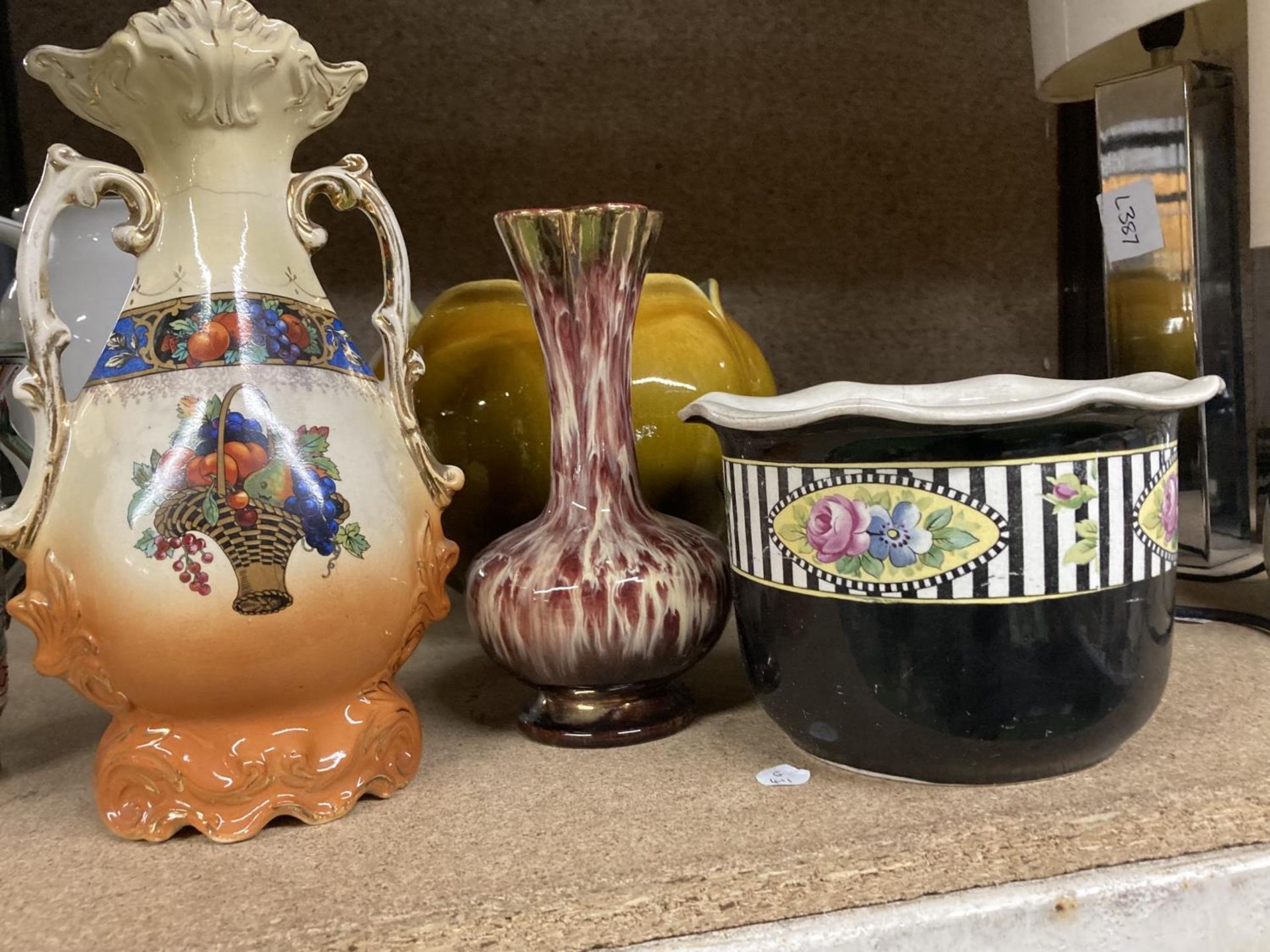A QUANTITY OF CERAMIC PLANTERS, JUGS AND VASES TO INCLUDE A VICTORIAN TWIN HANDLED FRUIT DESIGN VASE - Image 2 of 4