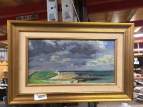 A GILT FRAMED WATERCOLOUR OF A COASTAL SCENE, MARKED TO THE BACK, MR DE'PAULAS PAINTING (CECIL'S