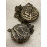 TWO POCKET WATCHES WITH IMAGES OF A USA BOMBER AND A COAT OF ARMS