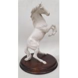 A BESWICK/DOULTON REARING WHITE HORSE ON A WOODEN PLINTH, HEIGHT 30CM