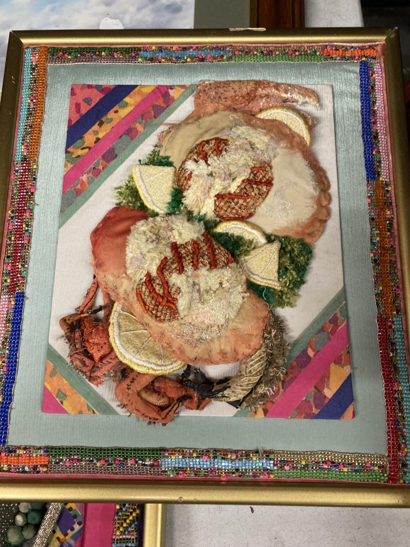 THREE FRAMED PICTURES - TWO PAPIER MACHE FOOD EXAMPLES AND A PRINT OF A CASTLE - Image 2 of 4