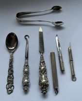 SEVEN ASSORTED SILVER ITEMS, NORWAY SILVER SPOON, BIRMINGHAM SILVER PROPELLING PENCIL, BIRMINGHAM