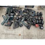 A LARGE QUANTITY OF BATTERY DRILLS, BATTERIES AND CHARGERS ETC