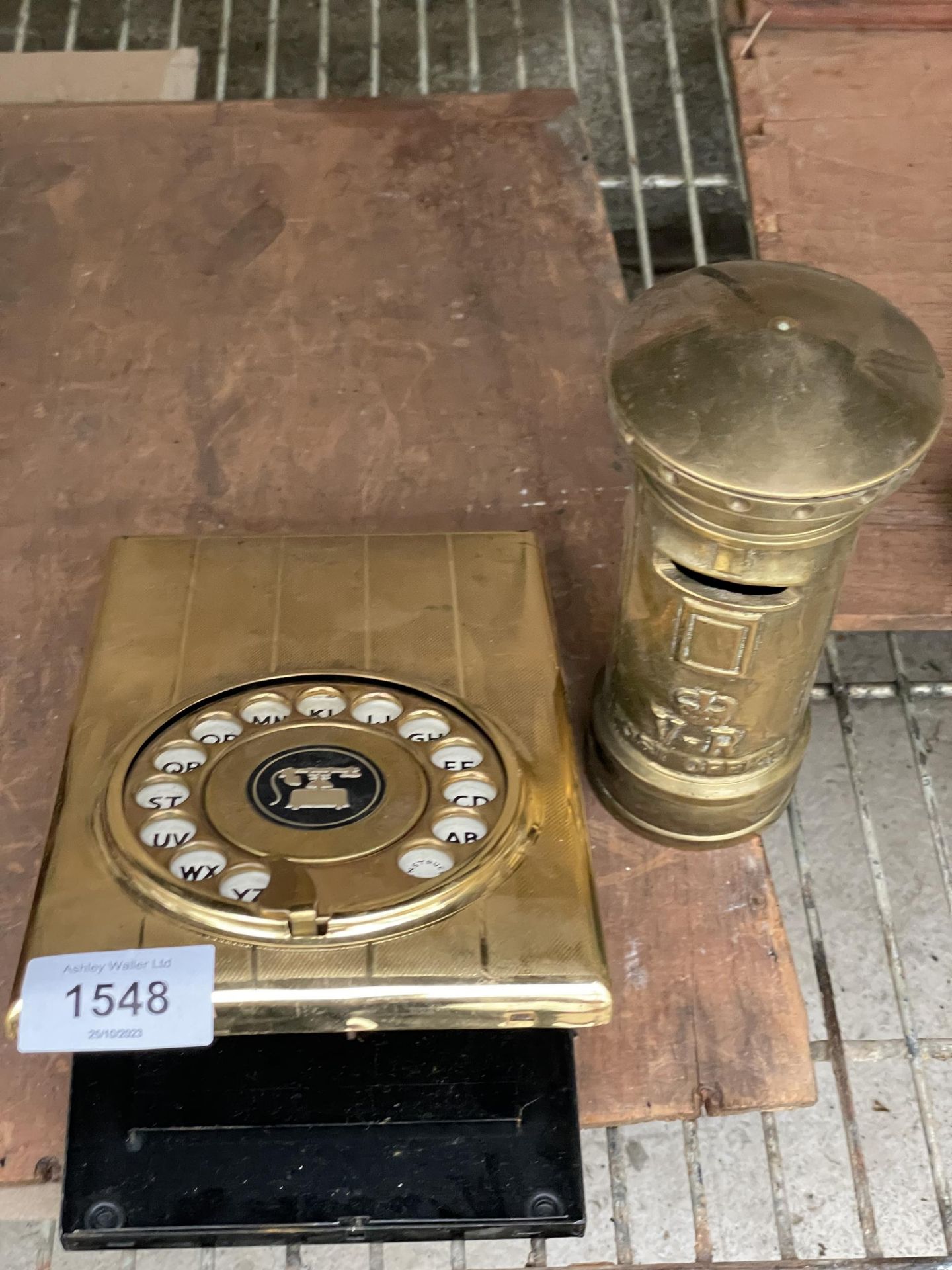 A VINTAGE DIALPAD BY STRATTON PHONE BOOK AND A BRASS POST BOX MONEY BOX