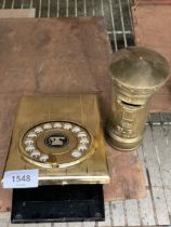 A VINTAGE DIALPAD BY STRATTON PHONE BOOK AND A BRASS POST BOX MONEY BOX