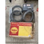 AN ASSORTMENT OF ITEMS TO INCLUDE SHELL PARAFIN WAX, AN EXEL ELECTRIC SWITCH AND WIRE ETC