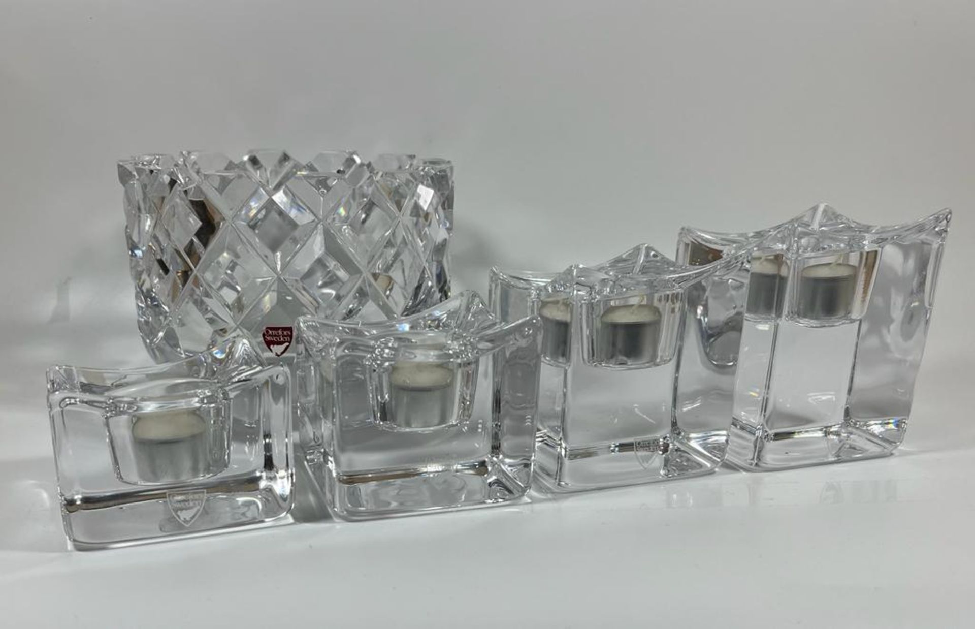 A SET OF VINTAGE ORREFORS POLARIS ICE CUBE CANDLE HOLDERS AND AN ORREFORS SOFIERO CUT GLASS BOWL, - Image 2 of 4