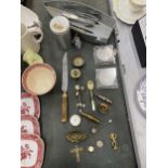A MIXED LOT TO INCLUDE FLATWARE, COFFEE BEAN SPOONS, BRASS ITEMS, A POLICE WHISTLE, ETC