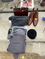 A PAIR OF BOOTS, A HANDBAG AND TROUSERS ETC