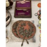 A VINTAGE TECHNICAL DRAWING SET PLUS TWO BEADED FANS