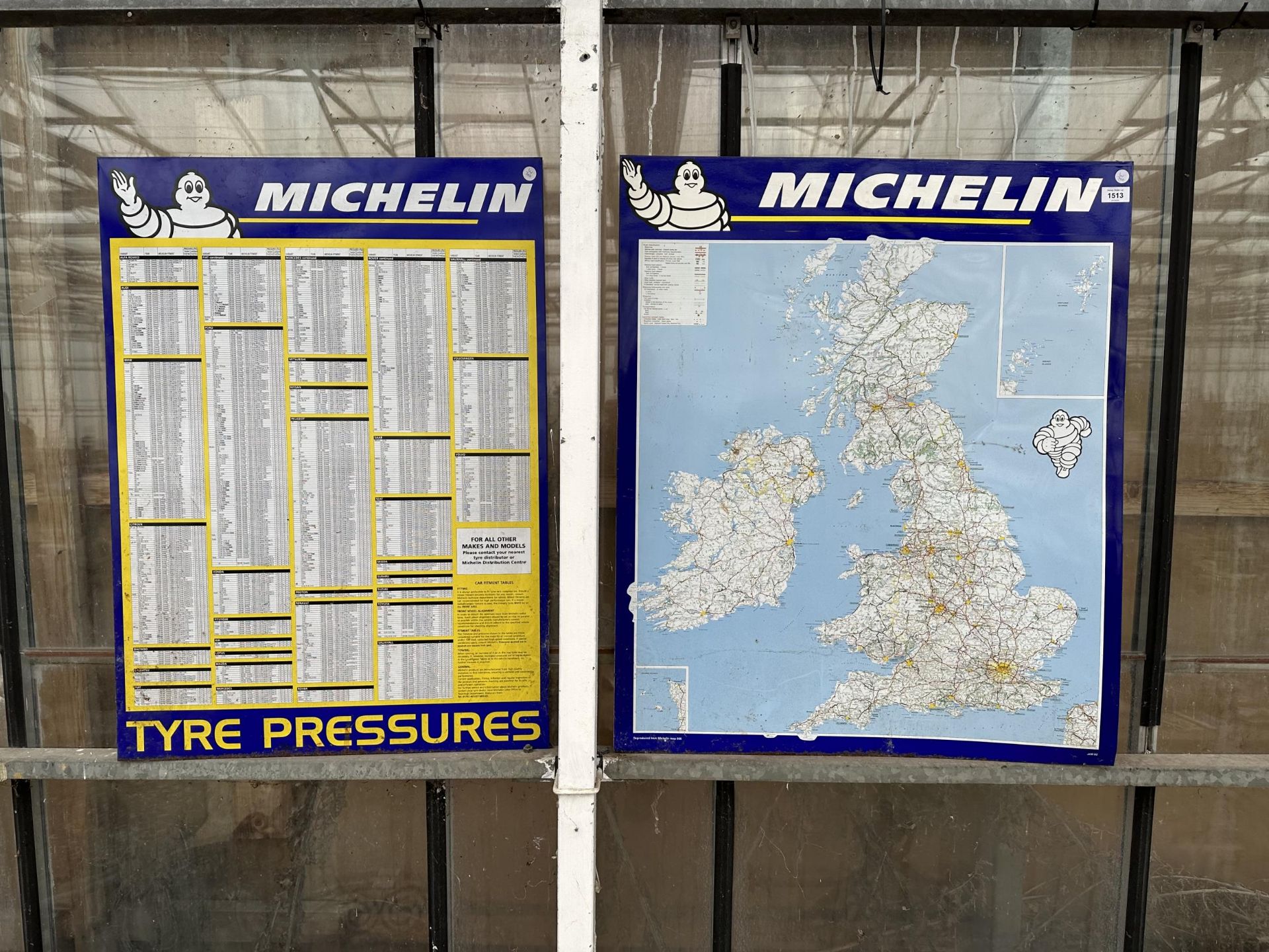 TWO TIN SIGNS TO INCLUDE A MICHELIN ATLAS MAP OF BRITAIN AND A MICHELIN TYRE CHART