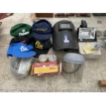 AN ASSORTMENT OF ITEMS TO INCLUDE A WELDING MASK, GOGGLES AND BASEBALL CAPS ETC