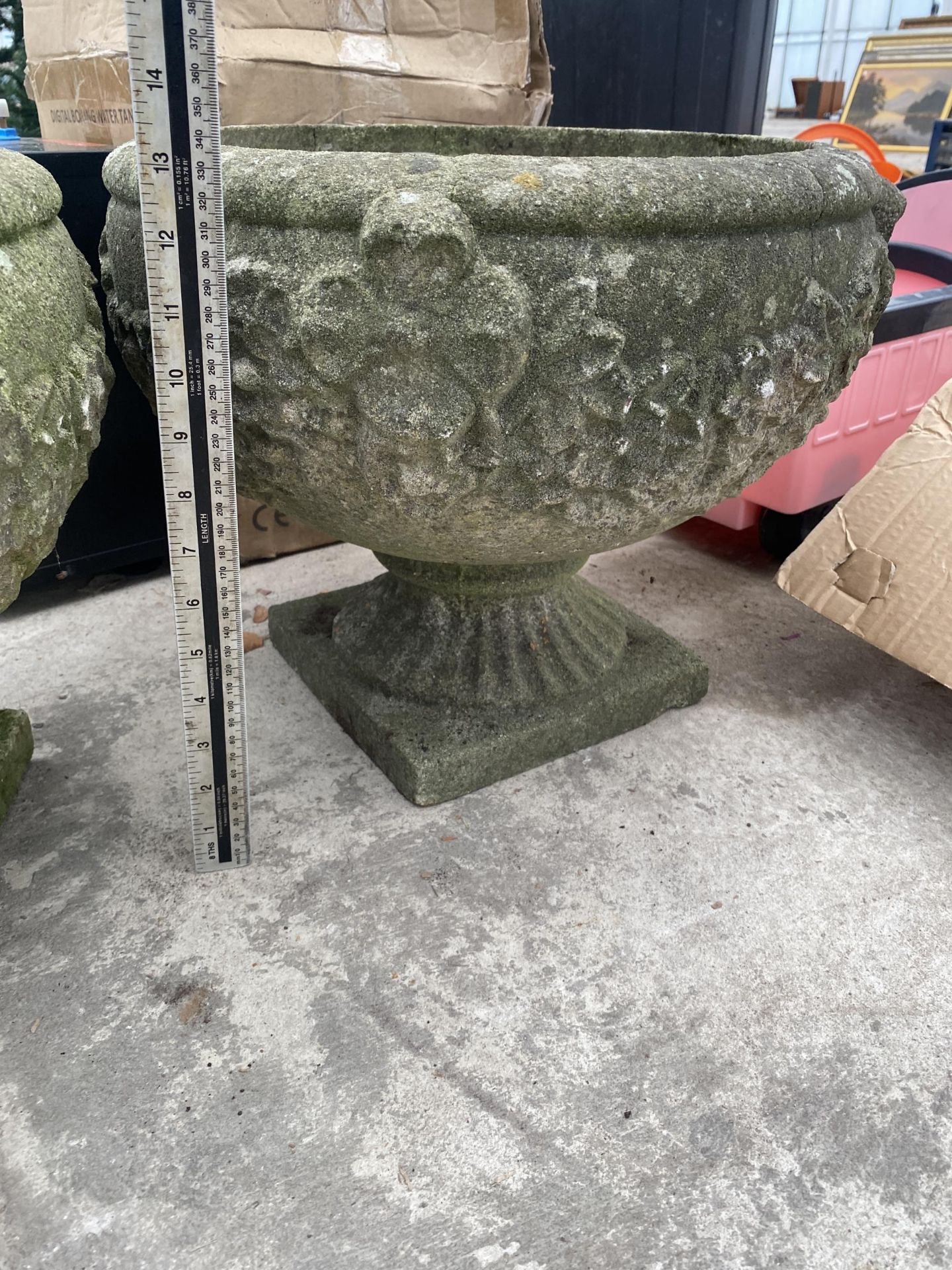 A PAIR OF RECONSTITUTED STONE CIRCULAR BOWL PLANTERS WITH PEDESTAL BASES - Image 2 of 3