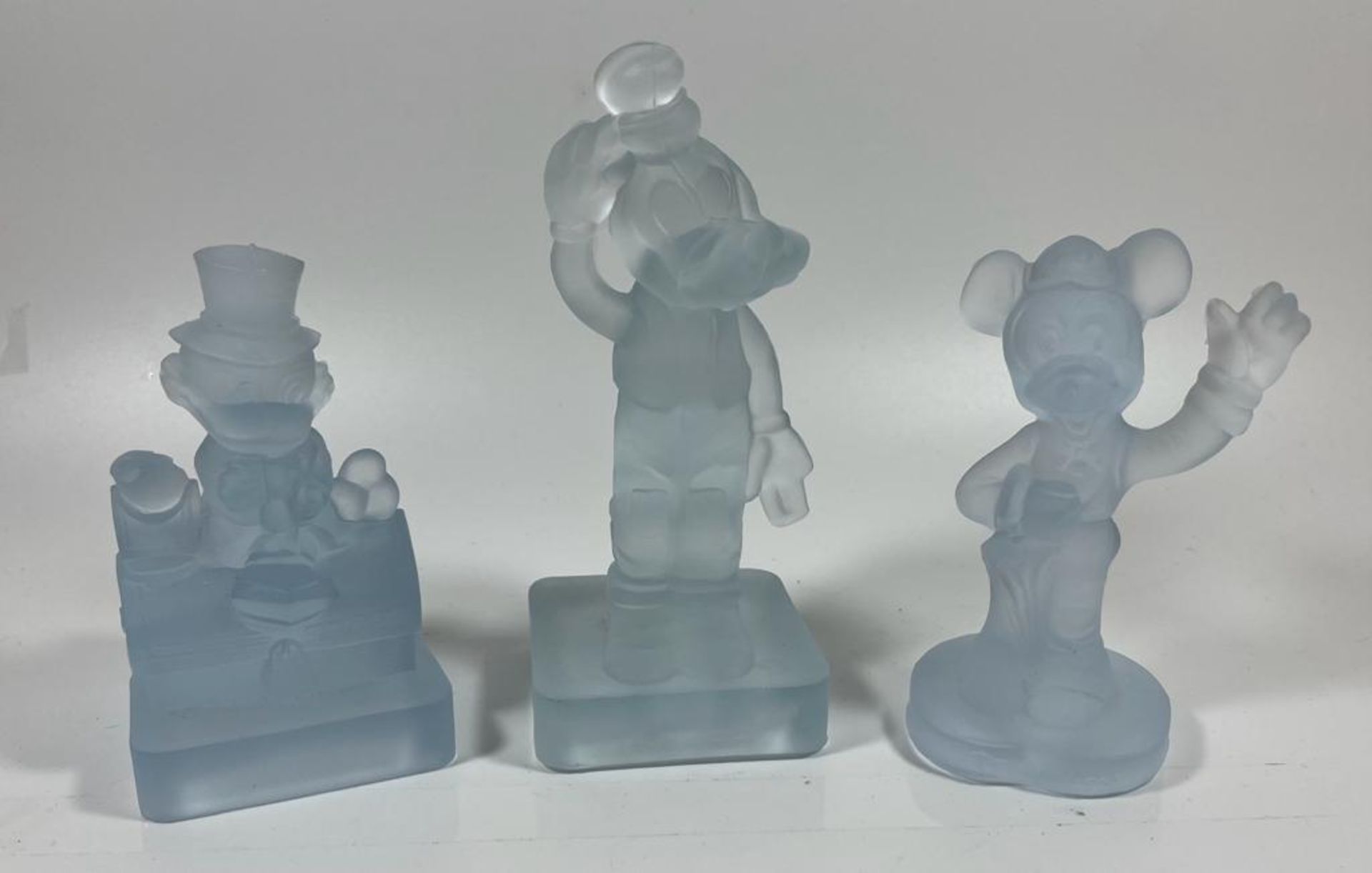 THREE VINTAGE WALT DISNEY PRODUCTIONS BLUE FROSTED GLASS FIGURES - MICKEY MOUSE, DONALD DUCK AND