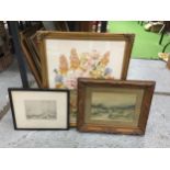 THREE FRAMED PRINTS TO INCLUDE GILT FLORAL EXAMPLE, SIGNED CATTLE PRINT ETC