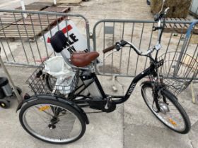 A JORVIK THREE WHEELED ELECTRIC BIKE COMPLETE WITH KEY AND CHARGER AND BELIEVED IN WORKING ORDER BUT