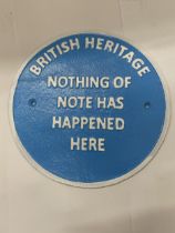 A CAST SIGN 'BRITISH HERITAGE', DIAMETER 24CM