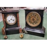 TWO CIRCA 1900'S MANTLE CLOCKS, ONE SLATE AND MARBLE WITH A FRENCH MOVEMENT, THE OTHER IRON BODIED