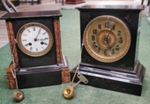 TWO CIRCA 1900'S MANTLE CLOCKS, ONE SLATE AND MARBLE WITH A FRENCH MOVEMENT, THE OTHER IRON BODIED