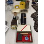 A MIXED LOT TO INCLUDE ORIENTAL CALLIGRAPHY SET, ASSORTED VINTAGE TOOLS ETC