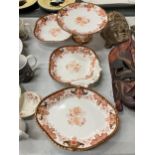 A GROUP OF FOUR EARLY CROWN DERBY BONE CHINA ITEMS - PEDESTAL BOWL AND THREE SERVING DISHES, CROWN