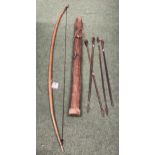 AN ANTIQUE MASSAI BOW, QUIVER AND FOUR ARROWS (ONE WITH HEAD DETACHED BUT PRESENT) C1840