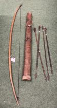 AN ANTIQUE MASSAI BOW, QUIVER AND FOUR ARROWS (ONE WITH HEAD DETACHED BUT PRESENT) C1840