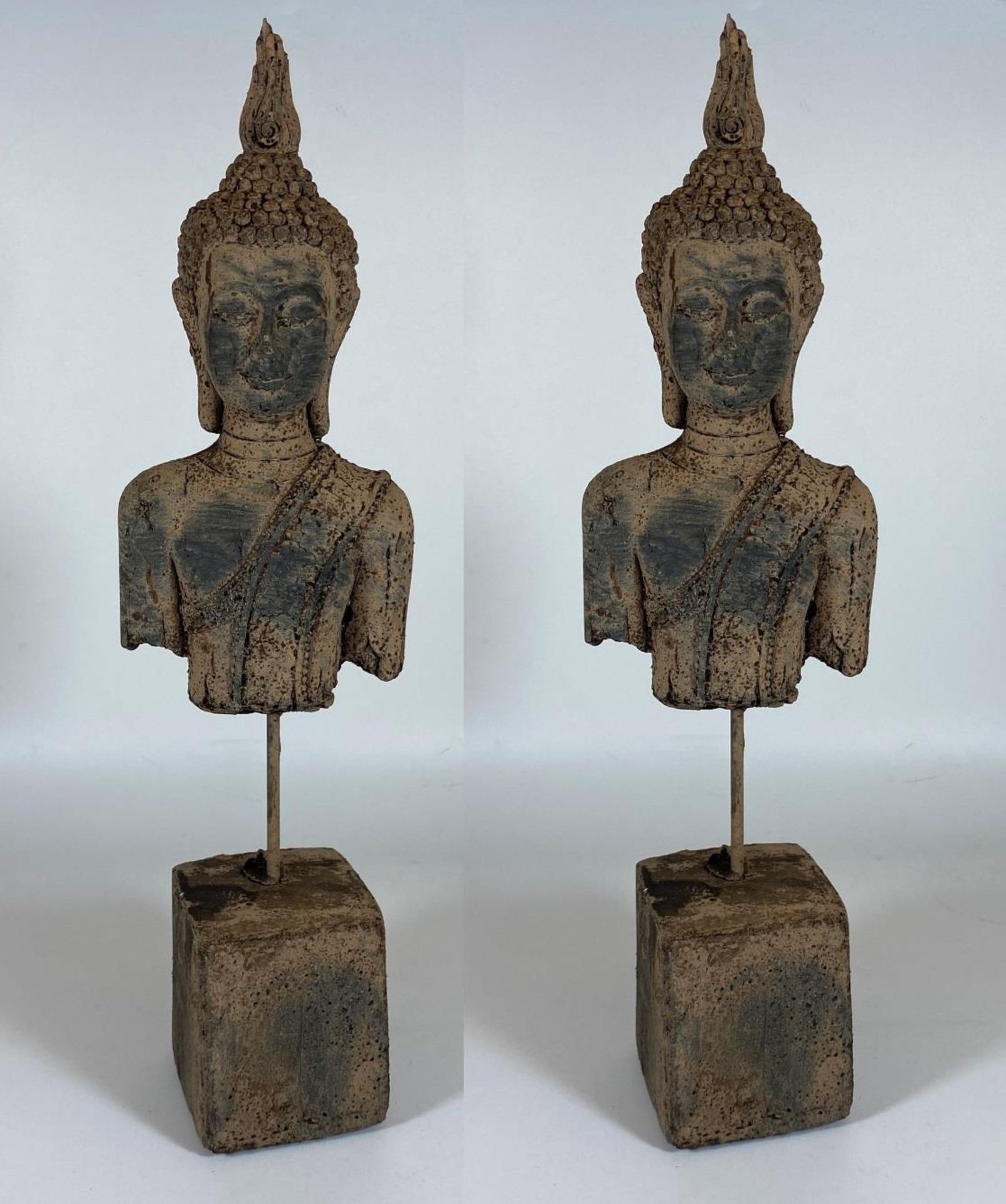A PAIR OF DECORATIVE STONE BUDDHAS ON PLINTH BASES, HEIGHT 39 CM