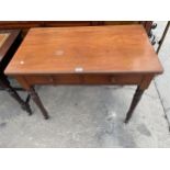 A VICTORIAN MAHOGANY SIDE-TABLE WITH TWO DRAWERS, ON TURNED LEGS, 36" WIDE