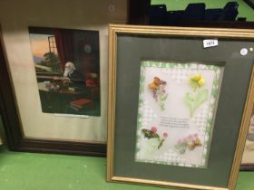 A FRAMED PRINT TITLED 'AT EVENING TIME IT SHALL BE LIGHT' PLUS A DECOUPAGE STYLE PICTURE OF