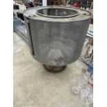 A LARGE STAINLESS STEEL PLANTER/BIN FORMED FROM A WASING MACHINE DRUM