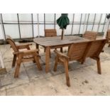 AN AS NEW EX DISPLAY CHARLES TAYLOR LARGE TABLE WITH A TWO SEATER BENCH, THREE CHAIRS AND A