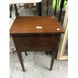 A MAHOGANY SEWING BOX ON LEGS, HEIGHT 58CM,WIDTH 38CM