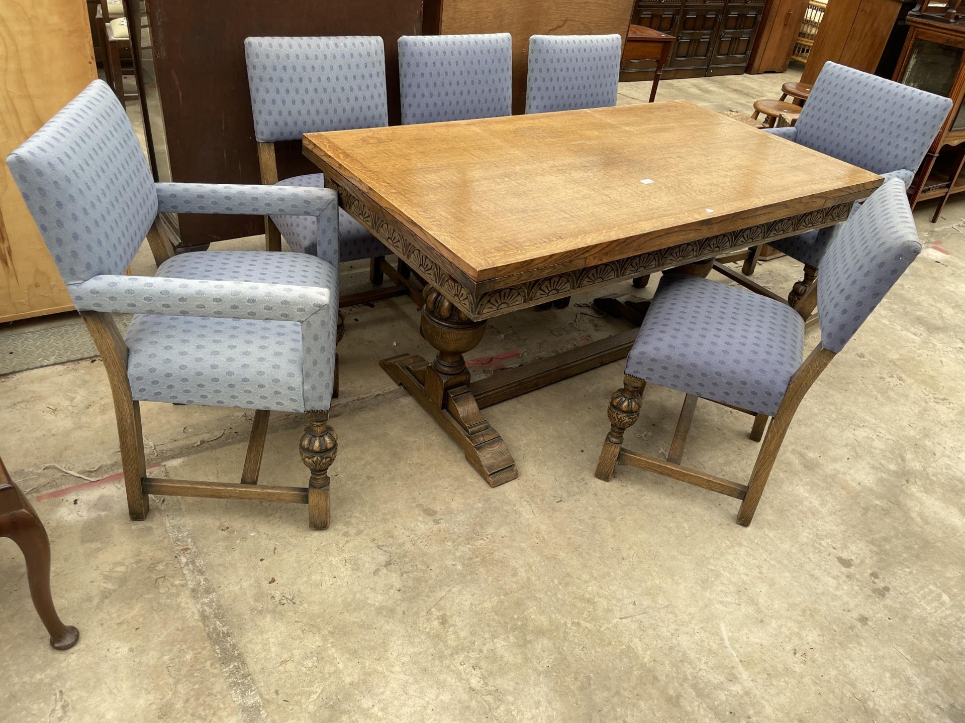 AN EARLY 20TH CENTURY OAK TWIN-PEDESTAL DRAW-LEAF DINING TABLE AND SIX CHAIRS, TWO BEING CARVERS, 60 - Image 2 of 9