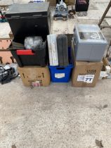 A LARGE ASSORTMENT OF ITEMS TO INCLUDE SCREWS, BRACKETS AND DEED TINS ETC