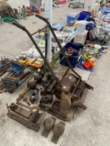 AN ASSORTMENT OF VINTAGE ITEMS TO INCLUDE A LAWN MOWER, A BOTTLE JACK AND BRACKETS ETC