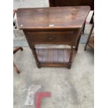 AN OAK JACOBEAN STYLE SIDE-TABLE ON OPEN BASE, WITH SINGLE DRAWER, ON TURNED LEGS, 33" WIDE