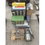 AN ASSORTMENT OF TOOLS AND HARDWARE TO INCLUDE SCREWS AND COMPRESSOR ATATCHMENTS ETC